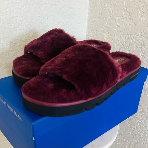 STUART WEITZMAN Elodie Chill Faux Fur Slide Slipper Sandal Size 9 Cranberry NWT - Picture 9 of 16